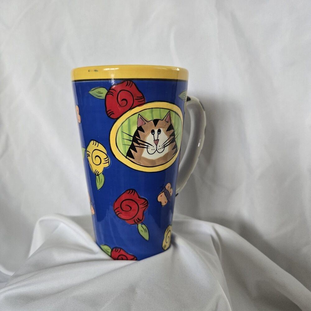 Vintage Candace Reiter Catzilia Tall Coffee Mug Flowers Colorful Cats Ceramic